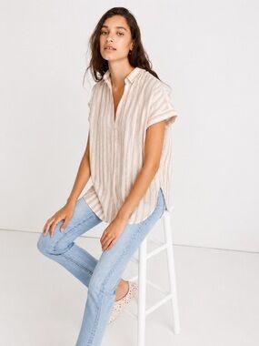 Madewell Beige and Light Pink Striped Short-Sleeve Button-Down Top
